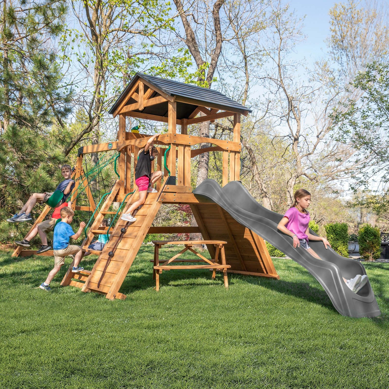 1-EndeavorIIGrayMain2-2.jpg Gorilla Playsets Endeavor II Heavy-Duty Wooden Swing Set - Green - Image 1