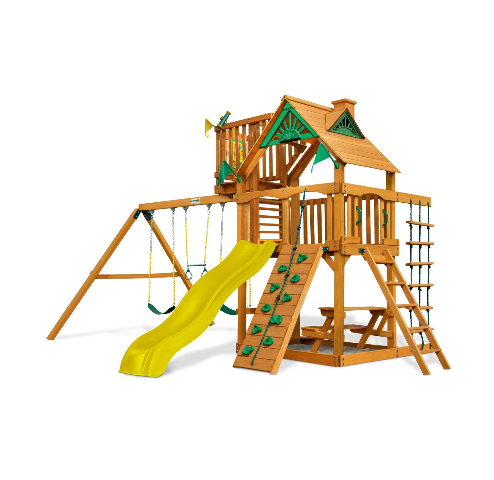 5779_source_1678381521_ab7c94e4-b7f9-4e00-8a2b-6c29e0adceac-scaled-9.jpg Gorilla Playsets Chateau w/ Sky Loft Heavy-Duty Wooden Swing Set - Green - Treehouse Roof + SkyLoft (with Professional Assembly) - Image 1