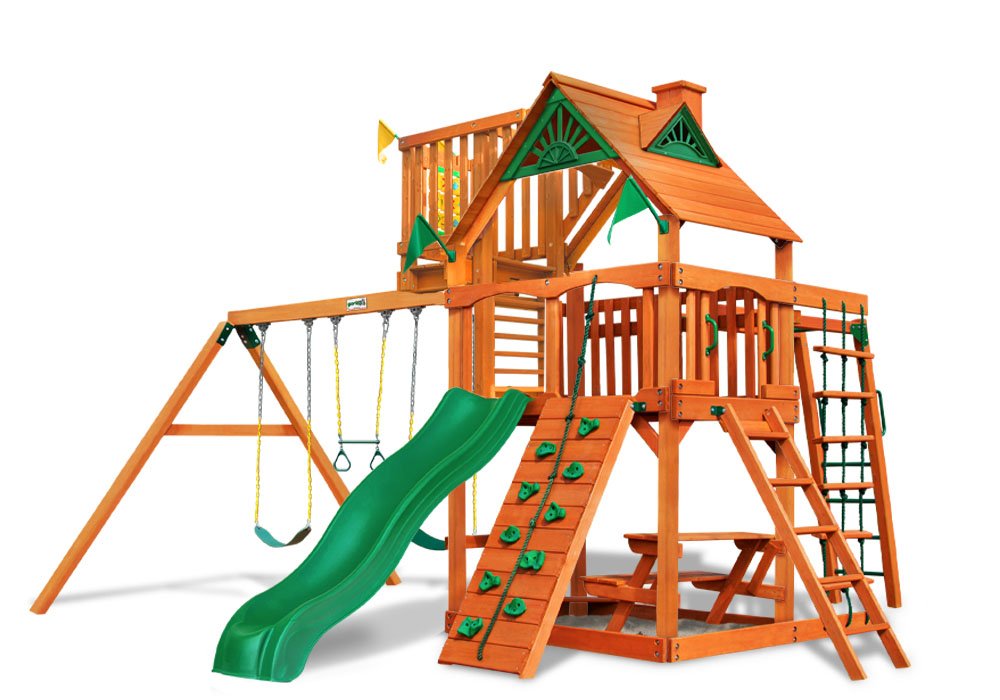 6040_source_1699303515-2.jpg Gorilla Playsets Navigator w/ Sky Loft Heavy-Duty Wooden Swing Set - Treehouse Roof + SkyLoft - Image 1