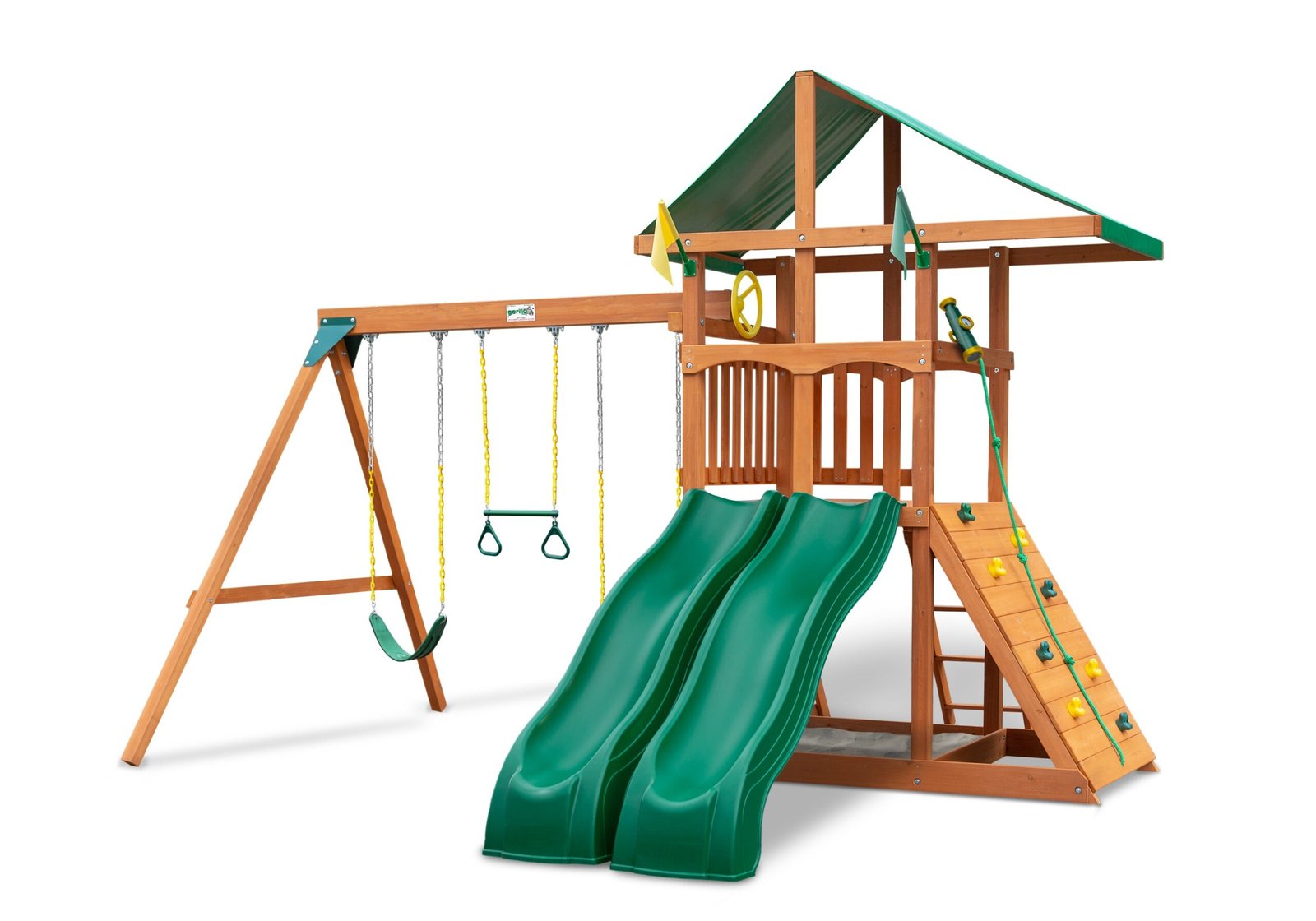 6154_source_1703170694-scaled-4.jpg Gorilla Playsets Outing w/ Dual Slides Heavy-Duty Wooden Swing Set - Wood Roof with Treehouse Windows (with Professional Assembly) - Image 1