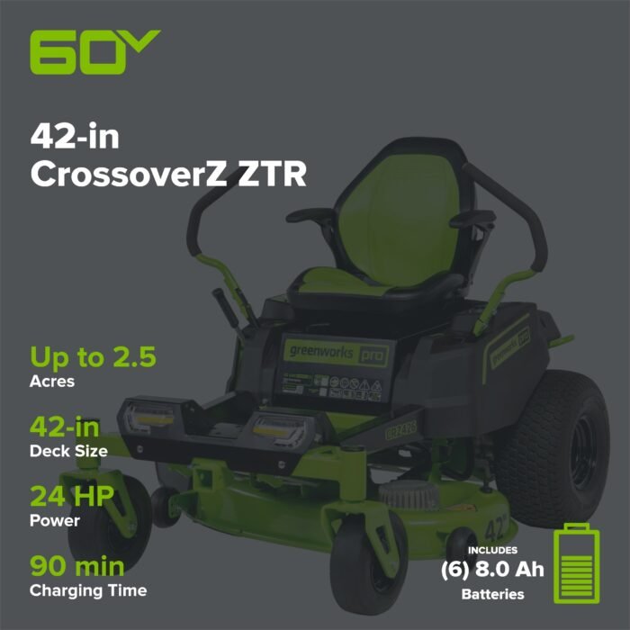 Greenworks 60V 42" Electric CrossoverZ Zero Turn Mower with (6) 8 Ah Batteries and (3) Dual Port Turbo Chargers - Image 2