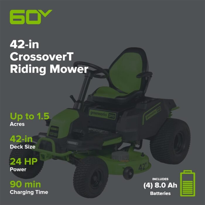 Greenworks 60V 42" Cordless Battery CrossoverT Riding Lawn Mower, (4) 8.0 Ah Batteries and (2) Dual-Port Turbo Chargers - Image 2