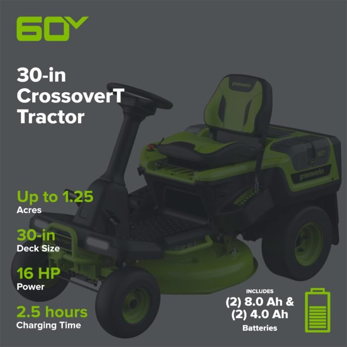 Greenworks 60V 30" CrossoverT Riding Lawn Tractor with (2) 8.0 Ah, (2) 4.0 Ah Batteries & 600-Watt Charger - Image 2