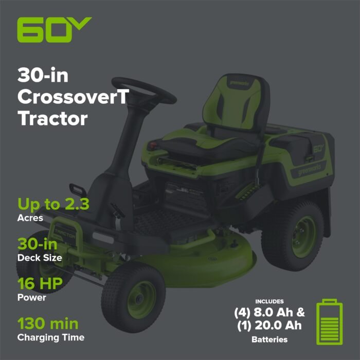 Greenworks 60V 30" CrossoverT Riding Lawn Tractor, Bagger Included, (4) 8.0 Ah (1) 20.0Ah Batteries and 600-Watt Charger - Image 2