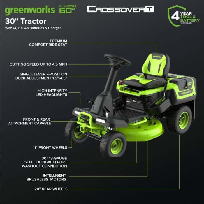 Greenworks 60V 30" CrossoverT Riding Lawn Tractor with (4) 8.0 Ah Batteries and 600-Watt Charger - Image 3