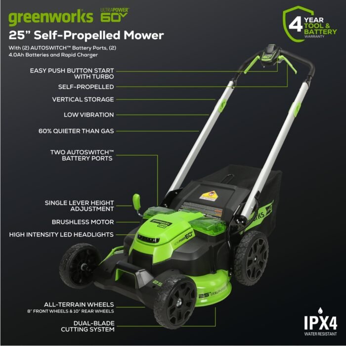 Greenworks 60V 25" SP Mower 3PC Combo Kit, 16" String Trimmer and 610CFM Blower - Image 3