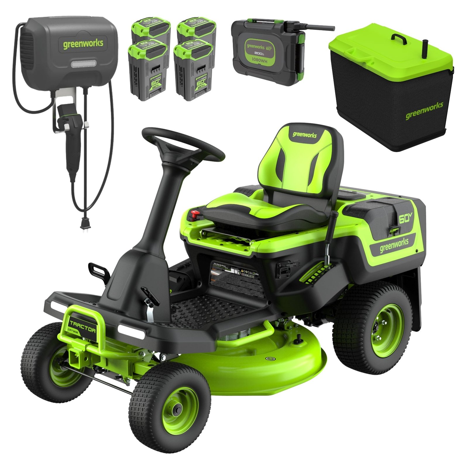 ATFGWTKit-1_808b5888-6e0e-42ef-b345-85032031eeca.jpg Greenworks 60V 30" CrossoverT Riding Lawn Tractor, Bagger Included, (4) 8.0 Ah (1) 20.0Ah Batteries and 600-Watt Charger - Image 1
