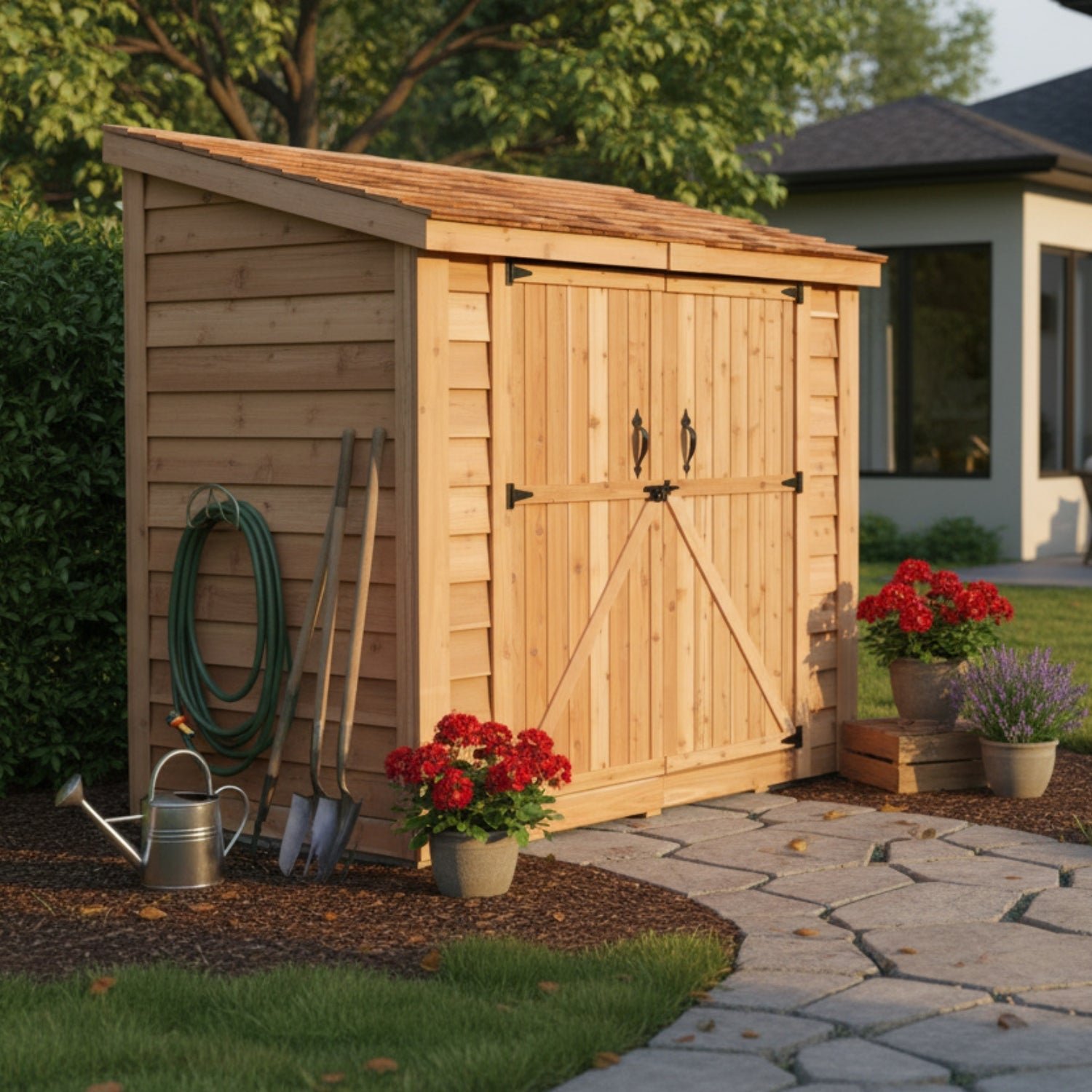 SS84_-_D_CEDAR_1500_x_1500_px-2.jpg Outdoor Living Today 8' x 4' SpaceSaver Storage Shed - Double Doors - Cedar Shingle Roof - Image 1