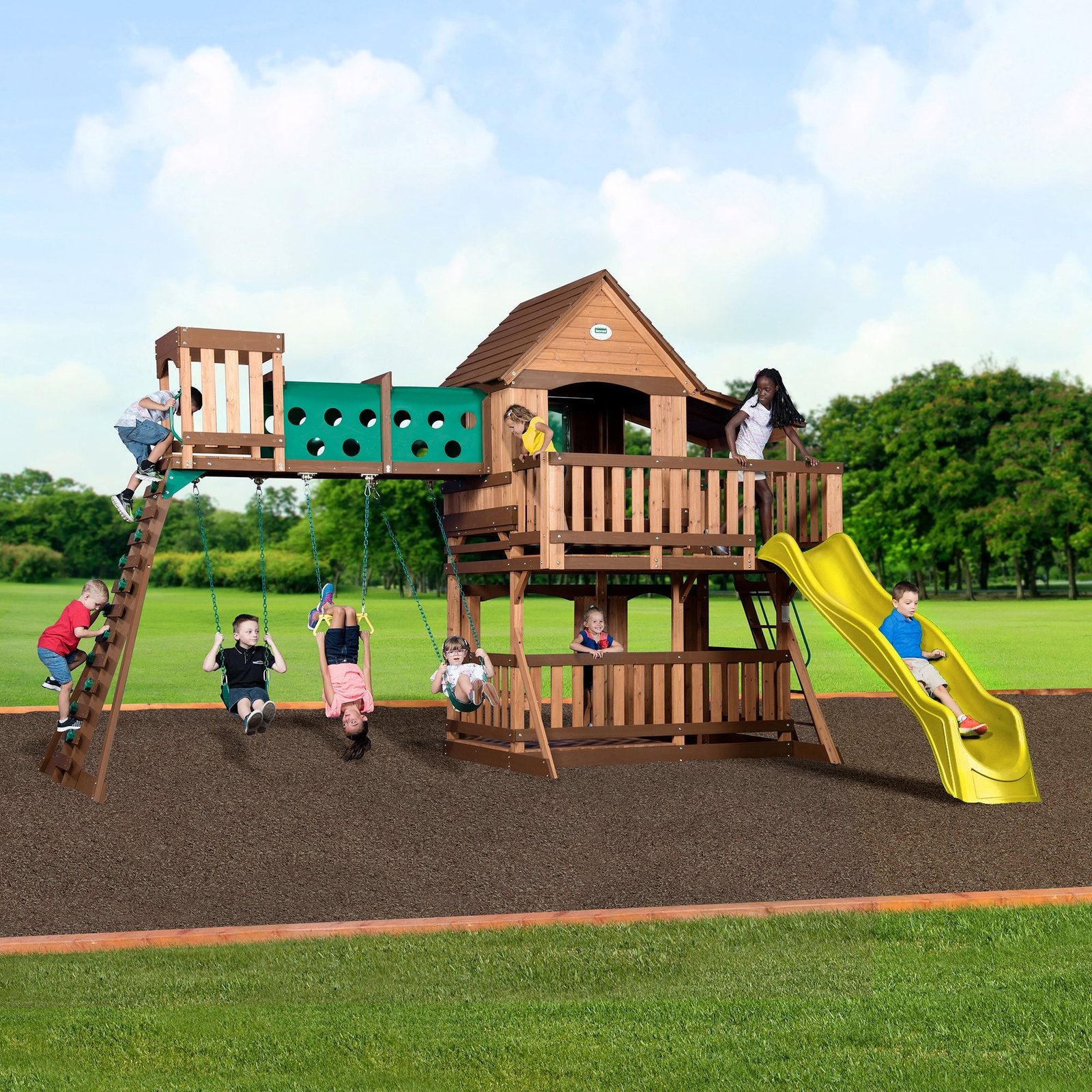 Woodridge-Elite-Yellow-Main-1.jpg Backyard Discovery Woodridge Elite Heavy-Duty Wooden Swing Set - Yellow - Image 1