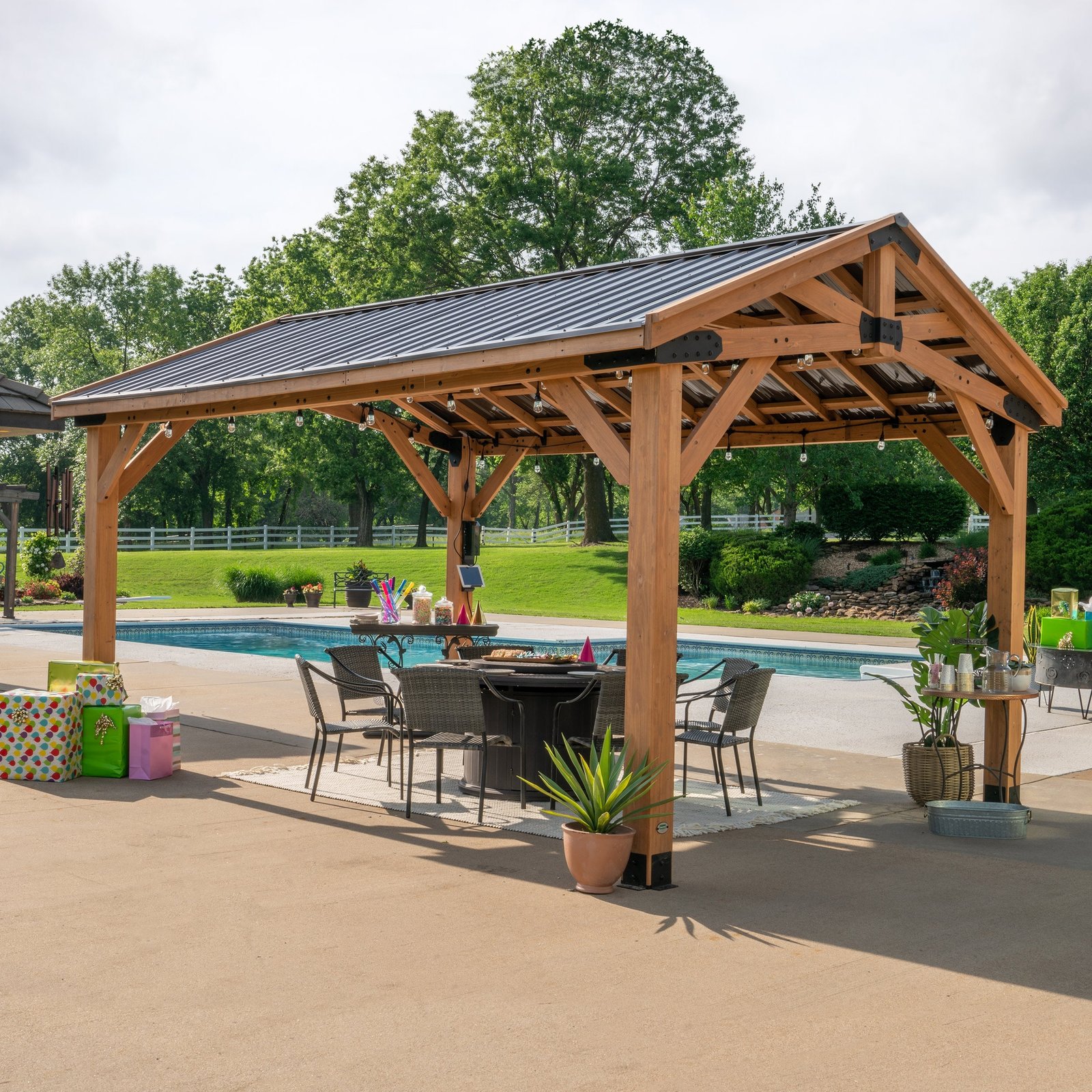 ekkhfwepdnxgpvigygf8.jpg Backyard Discovery 16' x 12' Norwood Hardtop Steel Roof Cedar Wood Gazebo - Image 1